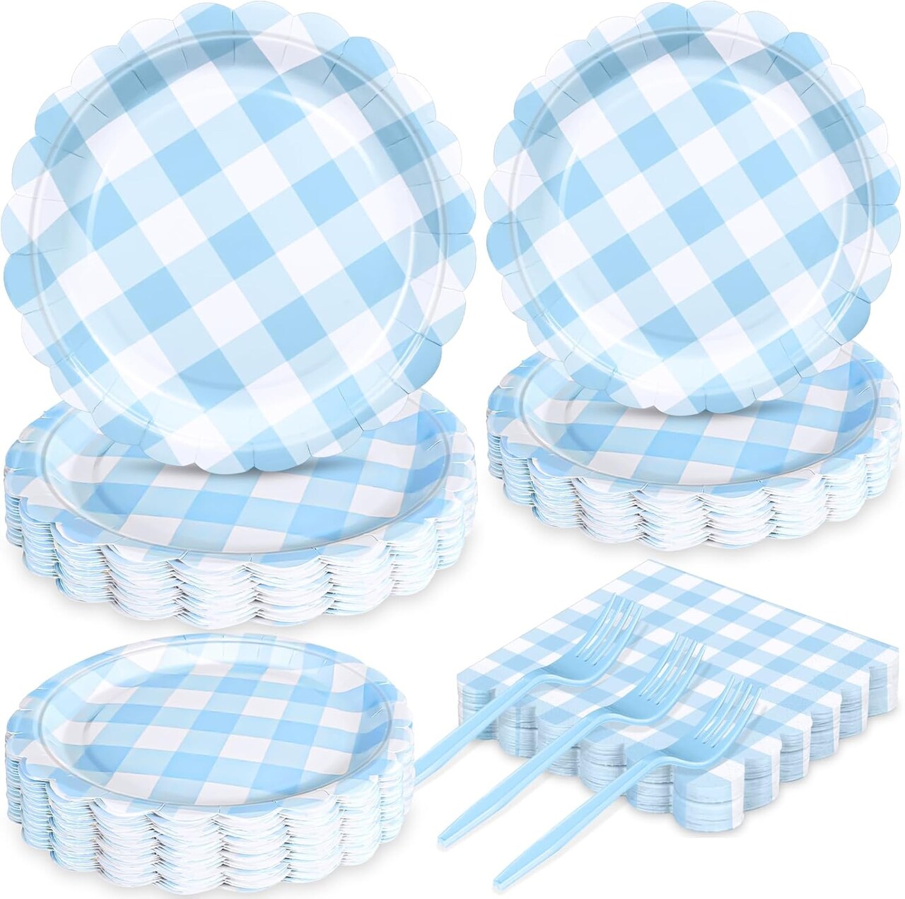 96 Pcs Blue Gingham Baby Shower Tableware 24 Guests (96 Blue Gingham)